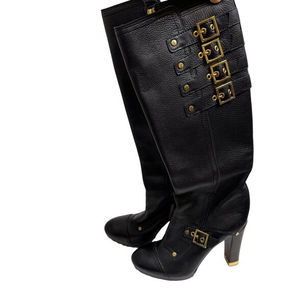 Tory Burch Boots Womens Size 9.5 Black Leather Tall Knee High Gold Buckle 1783 - Picture 3 of 9